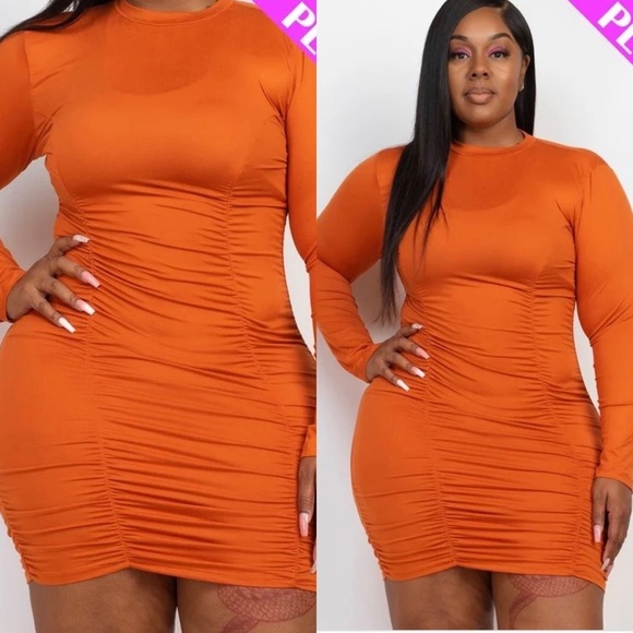NEW FALL WOMEN’S TRENDY PLUS SIZE MANGO ORANGE LONG SLEEVE BODYCON MIDI DRESS - Picture 2 of 3